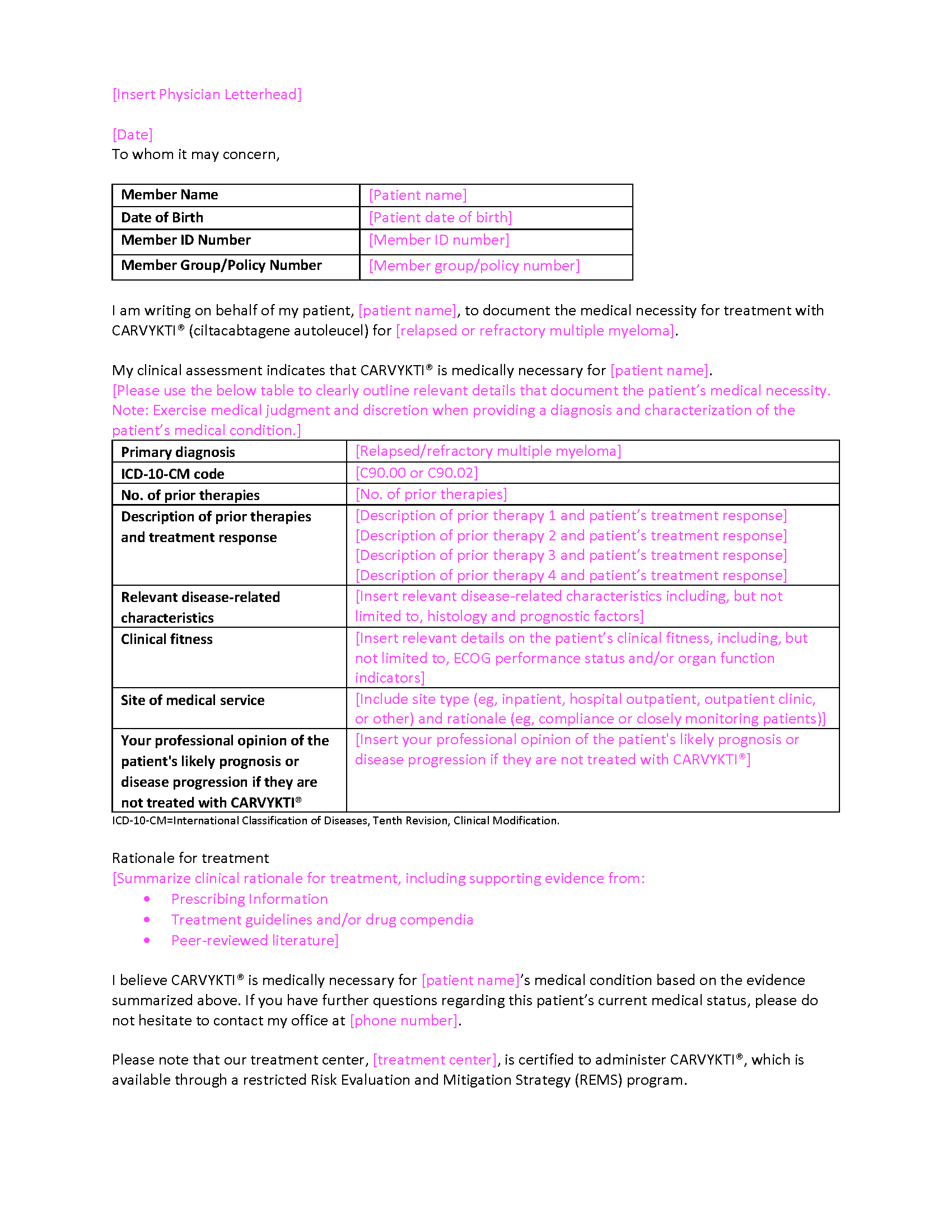 CARVYKTI® template letter of medical necessity